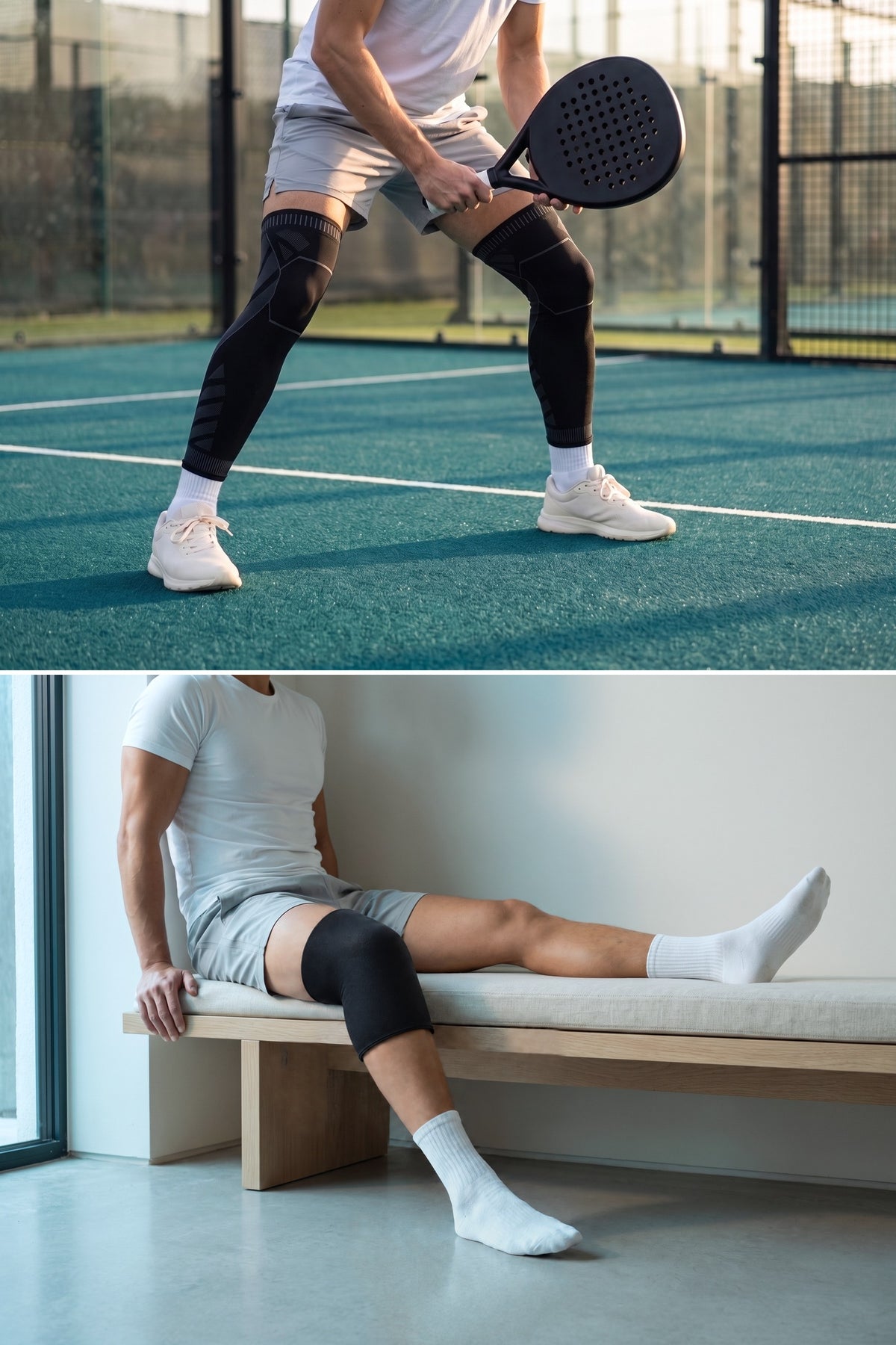 The same athlete twice: moving on a padel court in MotionKnit leg sleeves, and resting on a bench with a ThermaFlex gel sleeve on the knee